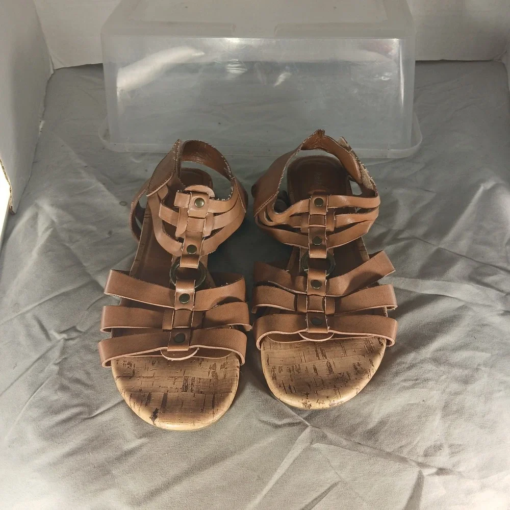 Relativity Re-Dahlia Sandals 7.5 Tan Gladiator Strappy Cork Wedge Boho‎ Summer
